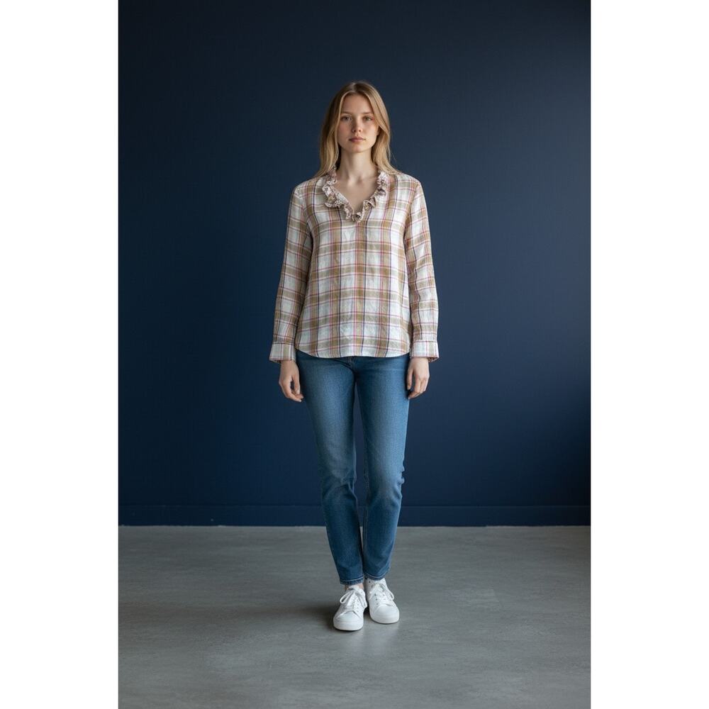 St John’s Bay Plaid Ruffle Neck Top L Cozy Cottagecore Preppy